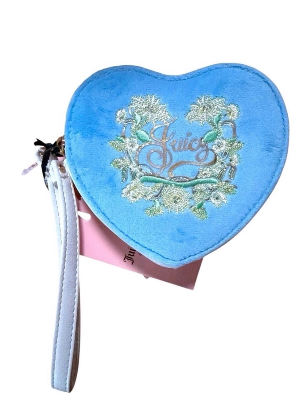 Juicy Couture Blue Heart-Shaped Wristlet with Embroidered Floral Logo